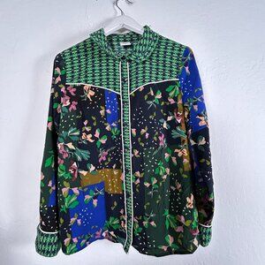 Cabi Womens Bronco Mix Print Green Button Down Shirt Blouse Medium Long Sleeve